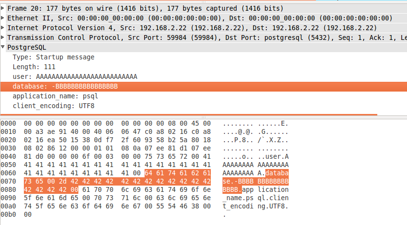 Wireshark Screenshot: Database field